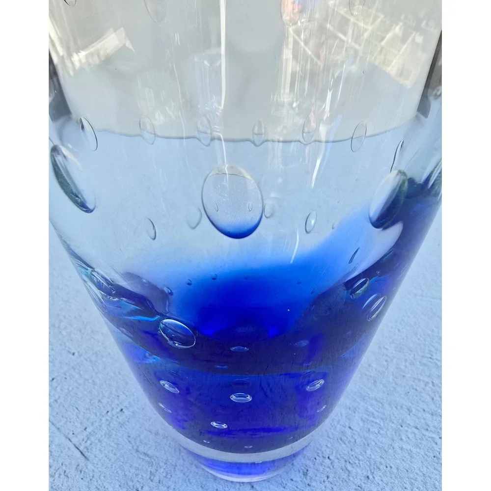 Cobalt Blue Controlled Bubble Art Glass Vase Heavy Clear Glass Bullicante 8in